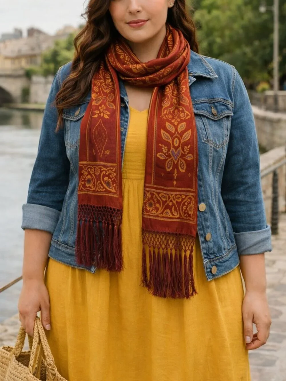Vintage Echo Silk Tassel Scarf – Rust & Gold Paisley, 80” Bohemian Luxe